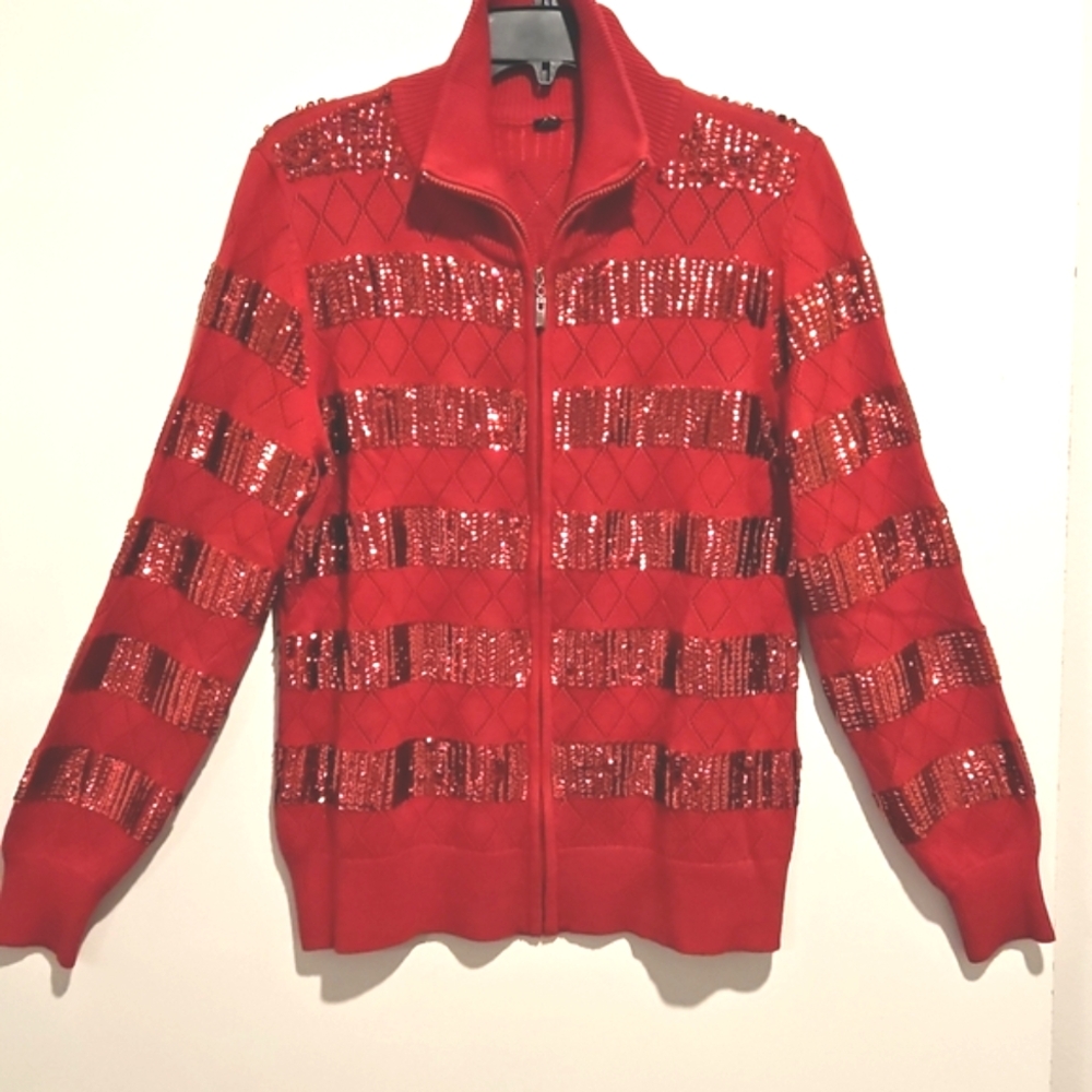 Berek Red Sequin Knit Cardigan Sweater Zip Front Long Sleeves Large
